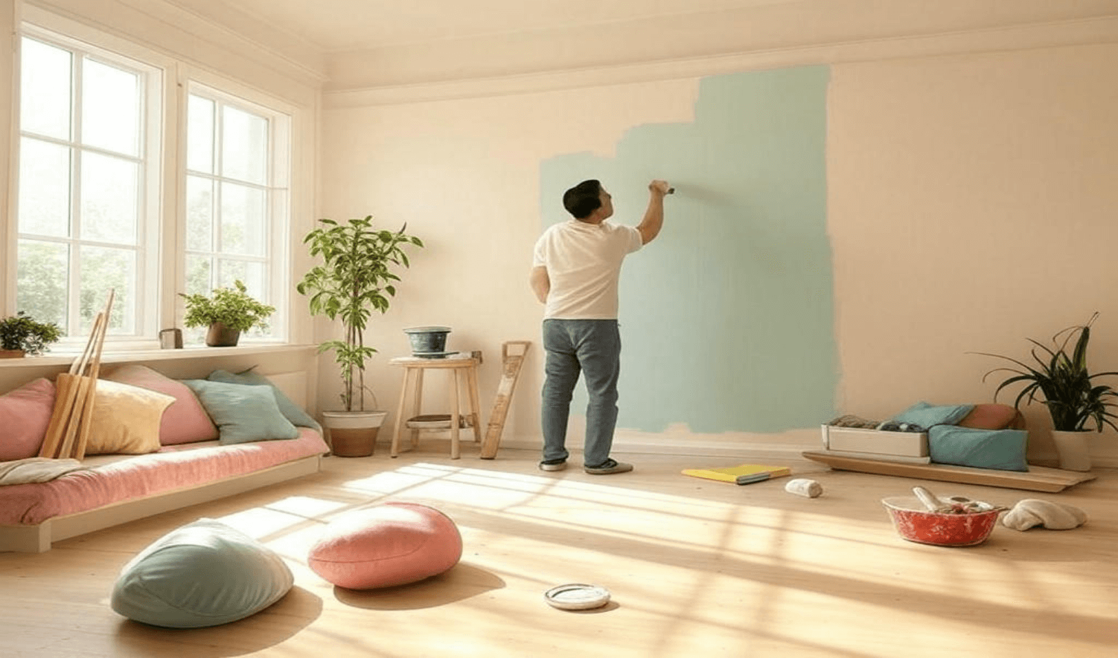 muskarac-boji-zidove-u-svijetlo-plavu-boju