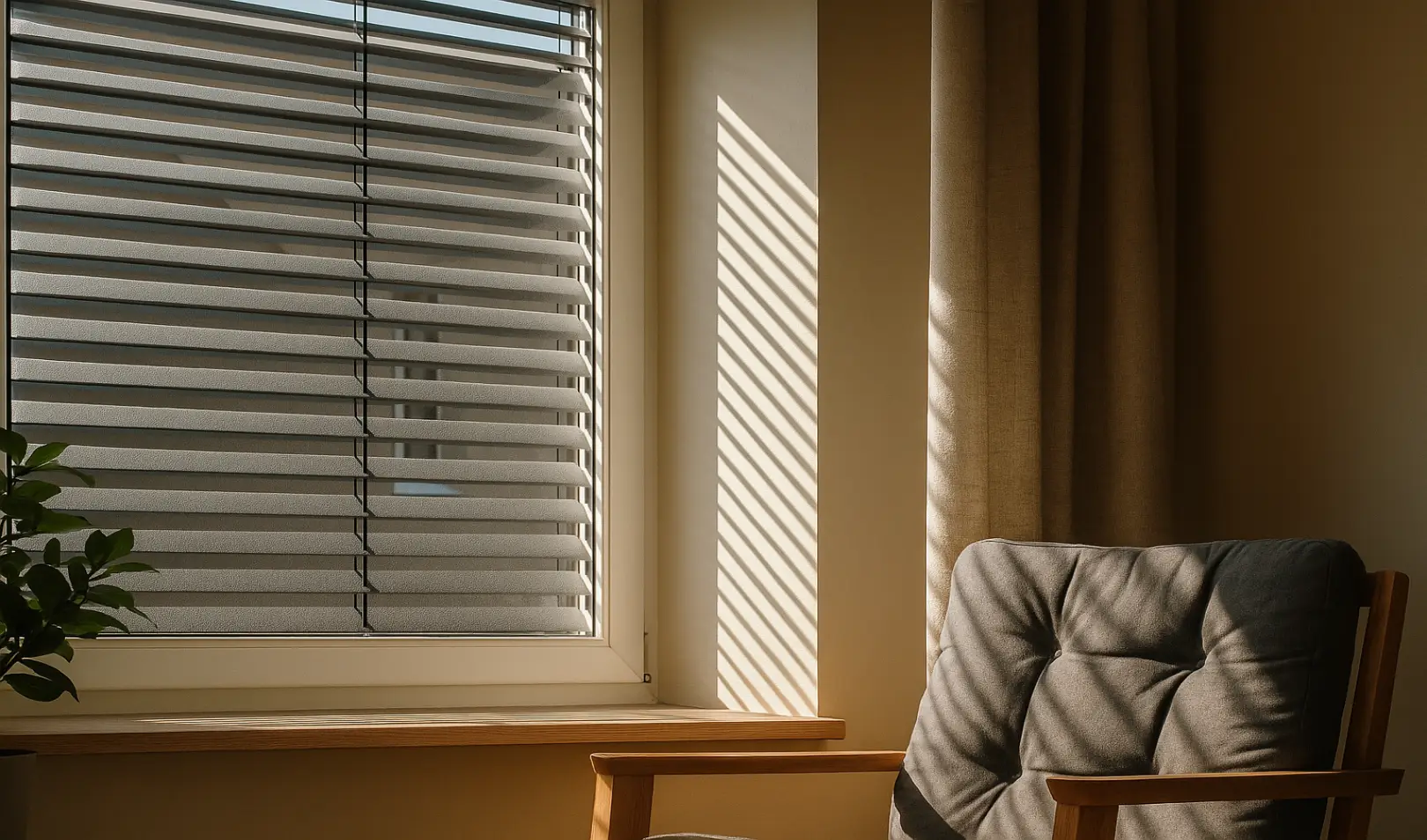 Soba s prozorom prekrivenim vanjskim roletama koje blokiraju sunčevu svjetlost, uz drvenu stolicu s jastukom i sobnu biljku na prozorskoj dasci
