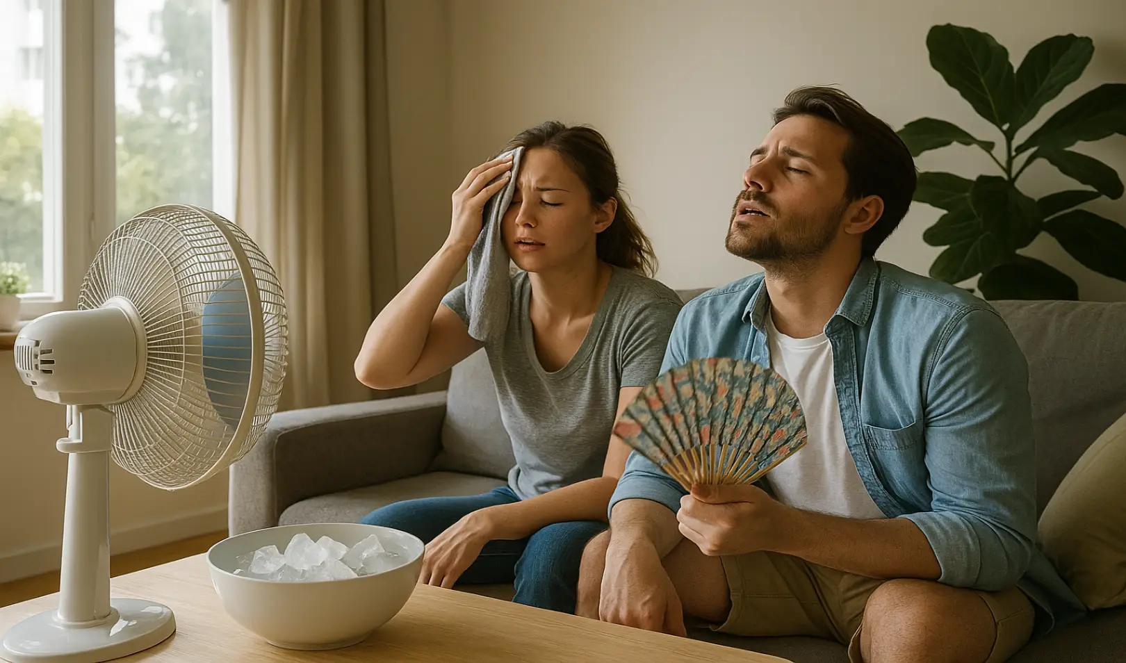 Mladi par sjedi u dnevnoj sobi pokušavajući se rashladiti ventilatorom ispred kojeg je zdjela s ledom; žena briše čelo mokrom krpom, a muškarac se hladi lepezom.