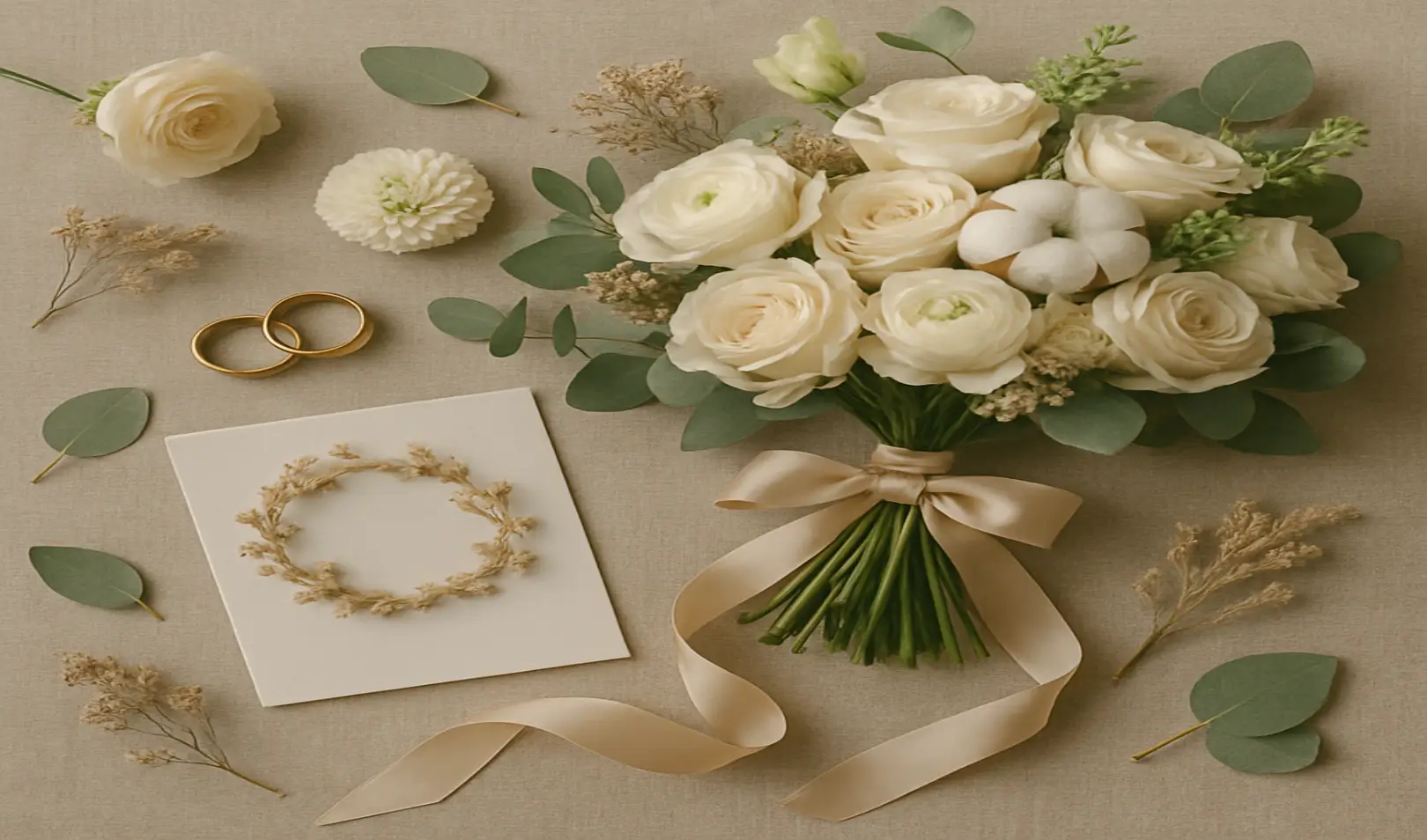 Buket bijelih ruža, vjenčano prstenje i dekorativna pozivnica za svadbu