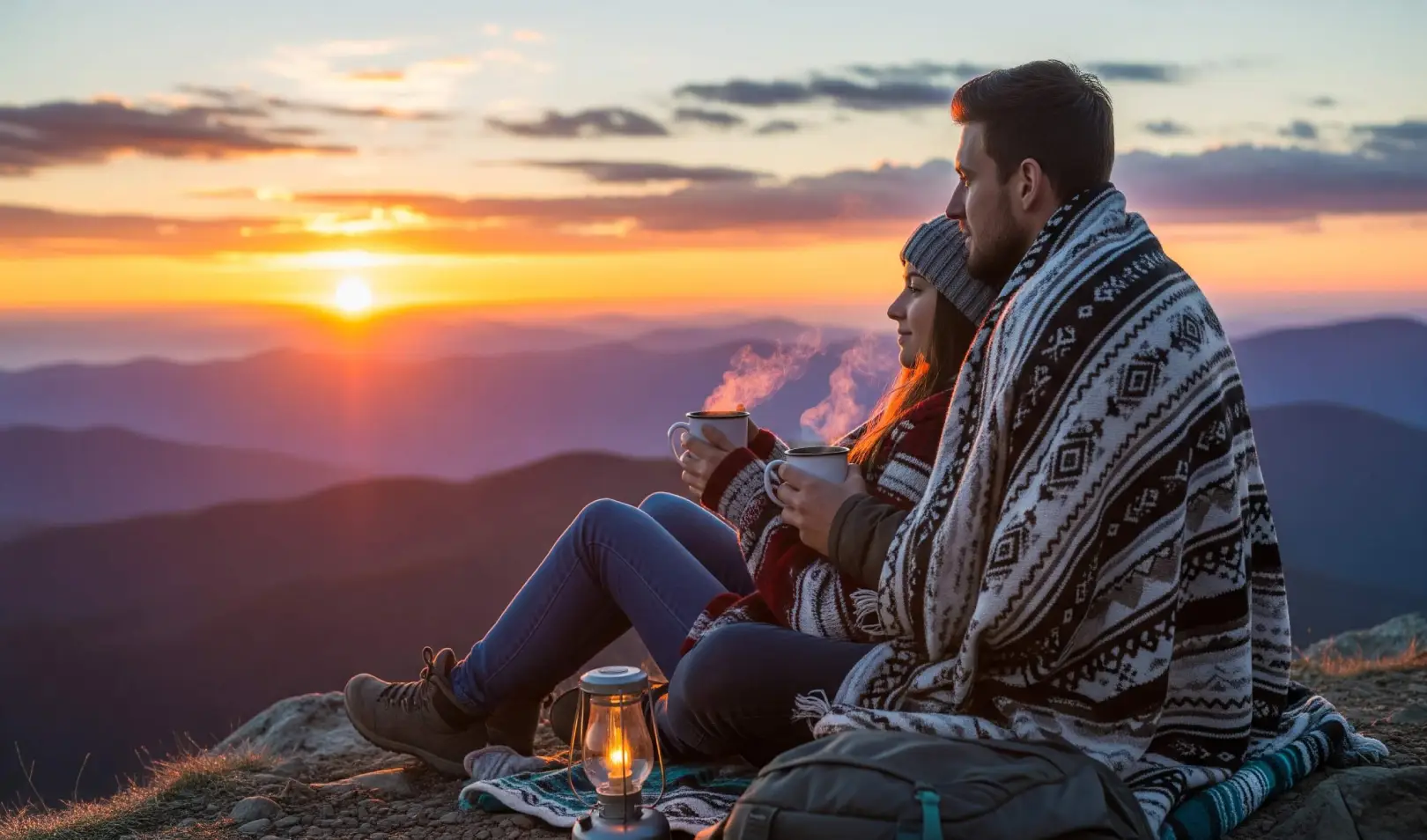 Par sjedi pokriven dekicom na planinskom vidikovcu, piju topli napitak i gledaju zalazak sunca