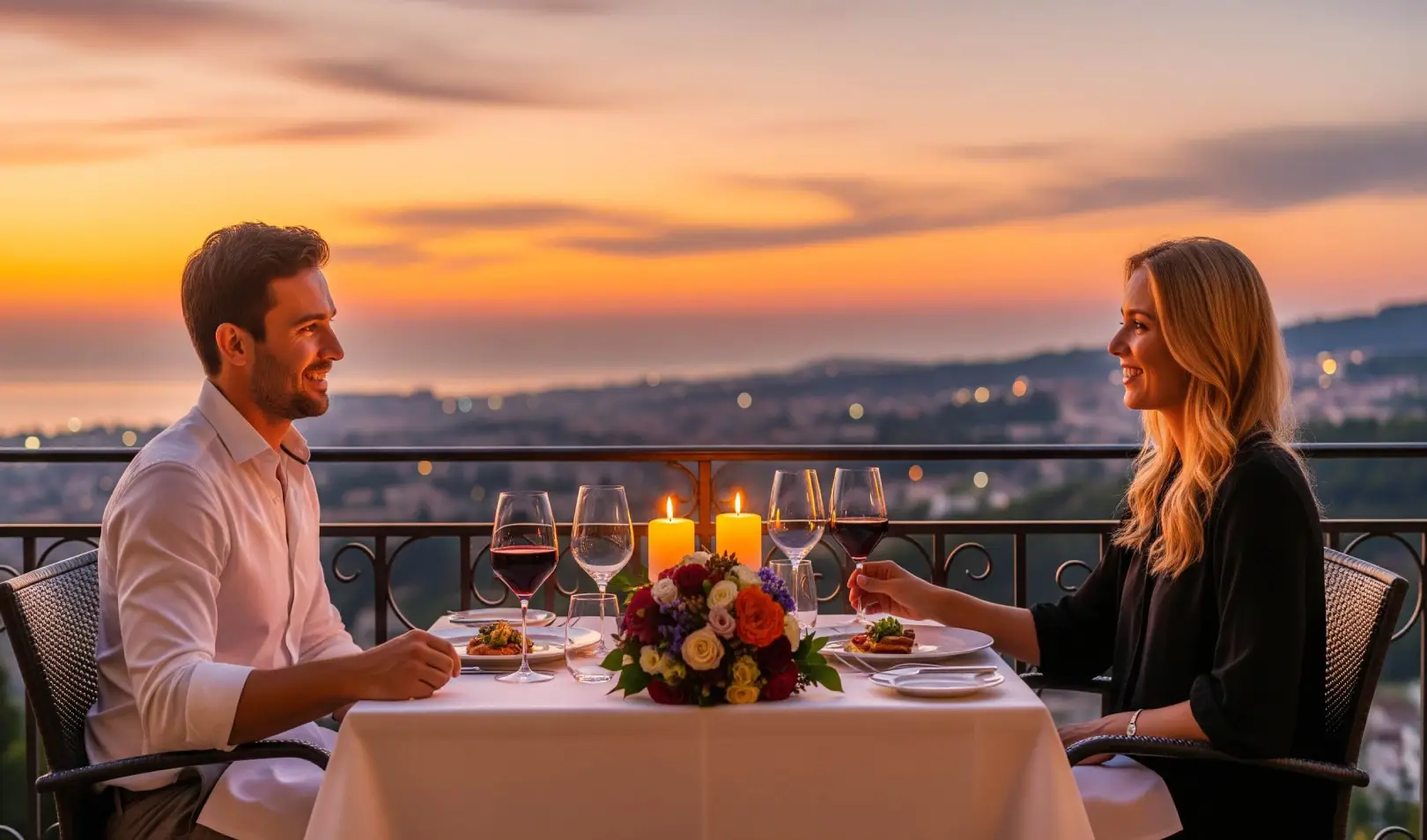 Romantična večera za dvoje na otvorenoj terasi restorana sa svijećama, čašom vina i zalaskom sunca