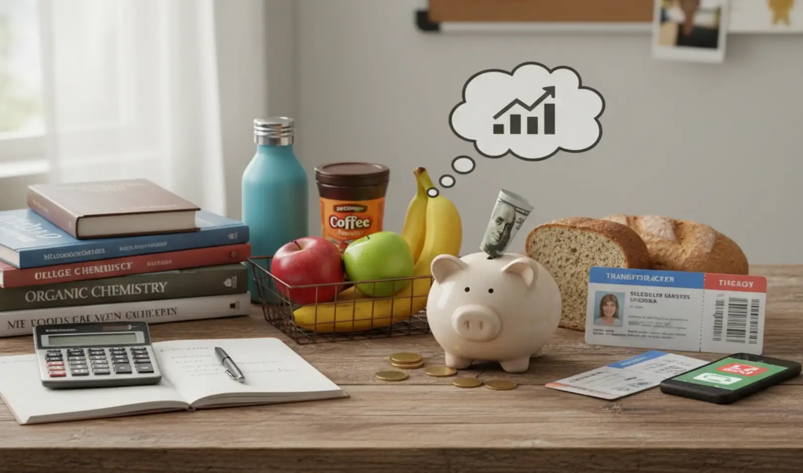 Stol s knjigama, kasicom, hranom, kartama i ostalim priborom