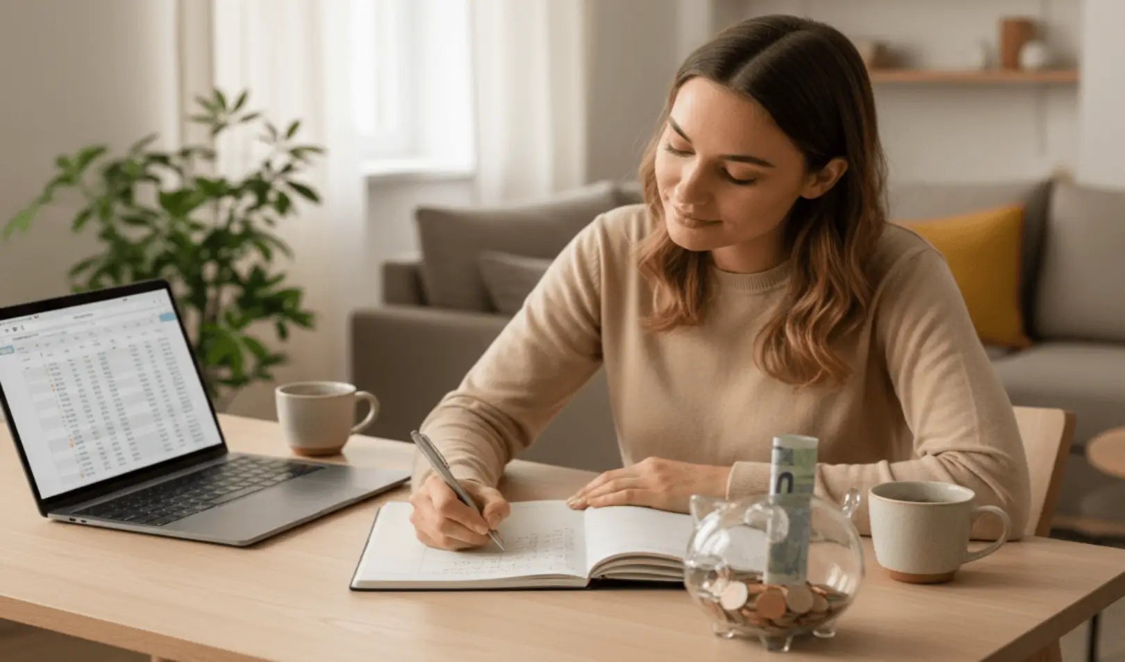Djevojka izrađuje mjesečni budžet uz laptop i kasicu s novcem na stolu