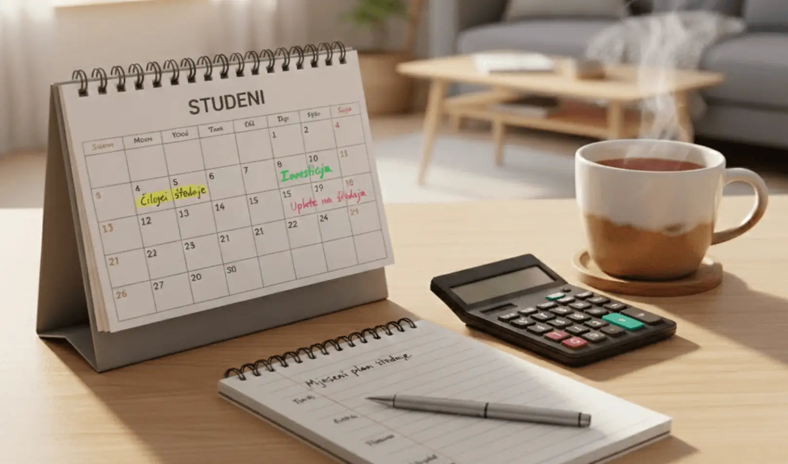 Kalendar za studeni s iznačenim financijskim obavezama, uz bilježnicu, kalkulator i šalicu kave na stolu