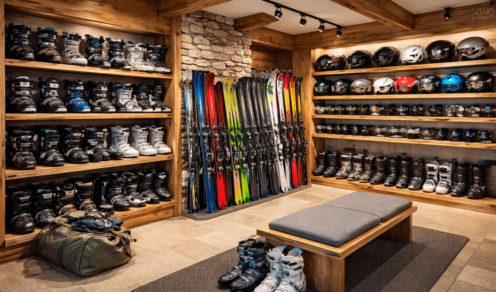 Ski rental prostor s policama punim pancerica, kaciga i skija u drvenom interijeru planinskog hotela