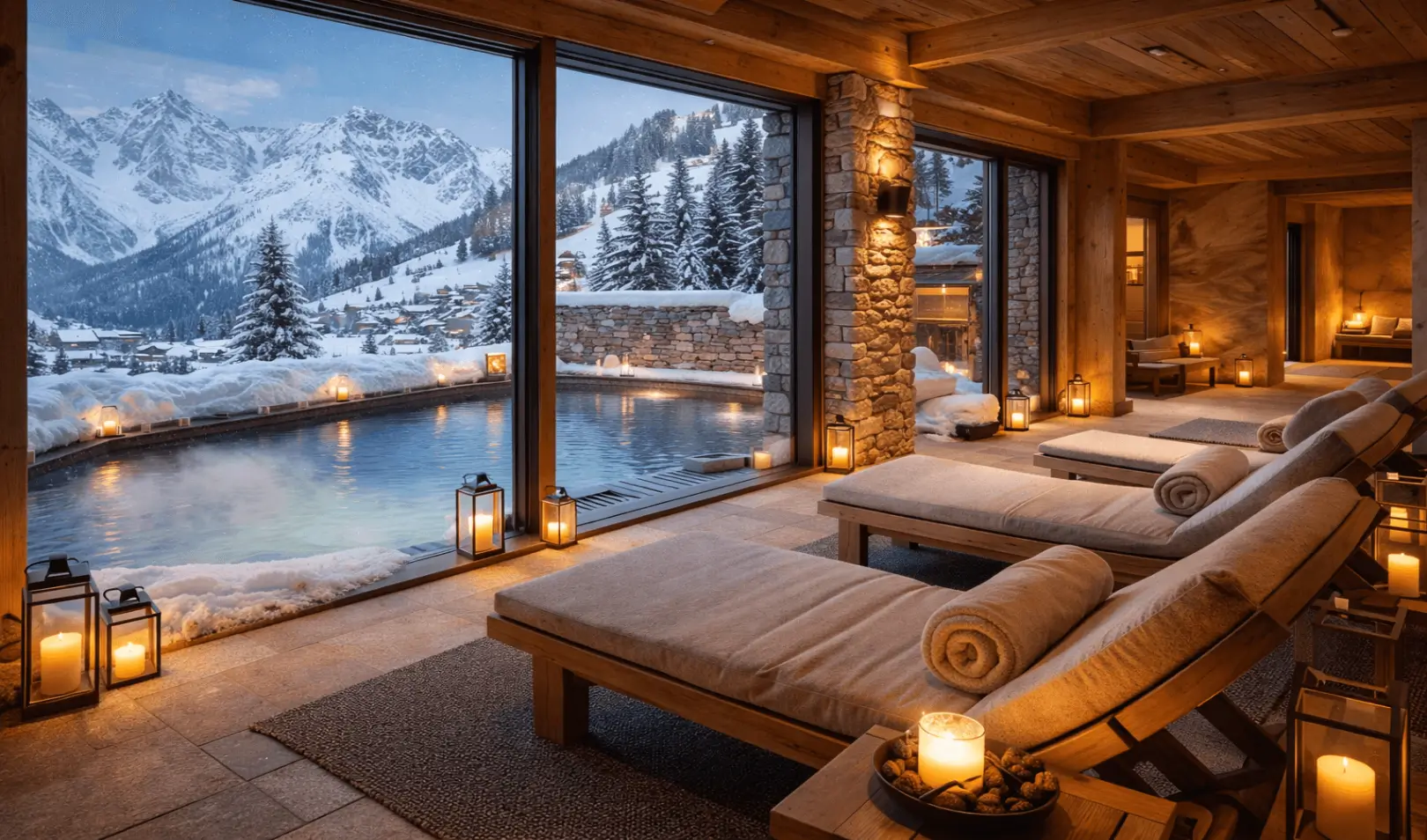 Wellness spa s grijanim vanjskim bazenom, ležaljkama i pogledom na snježne planine u zimskom planinskom resortu