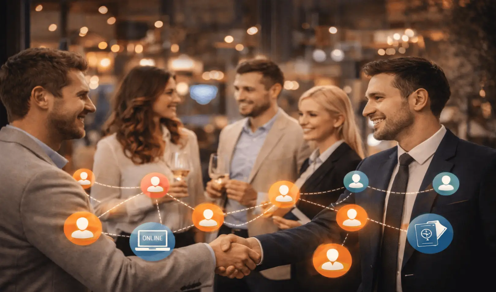 Poslovni ljudi koji se rukuju na networking događaju s grafičkim prikazom povezanih ikona koje simboliziraju mrežni kapital