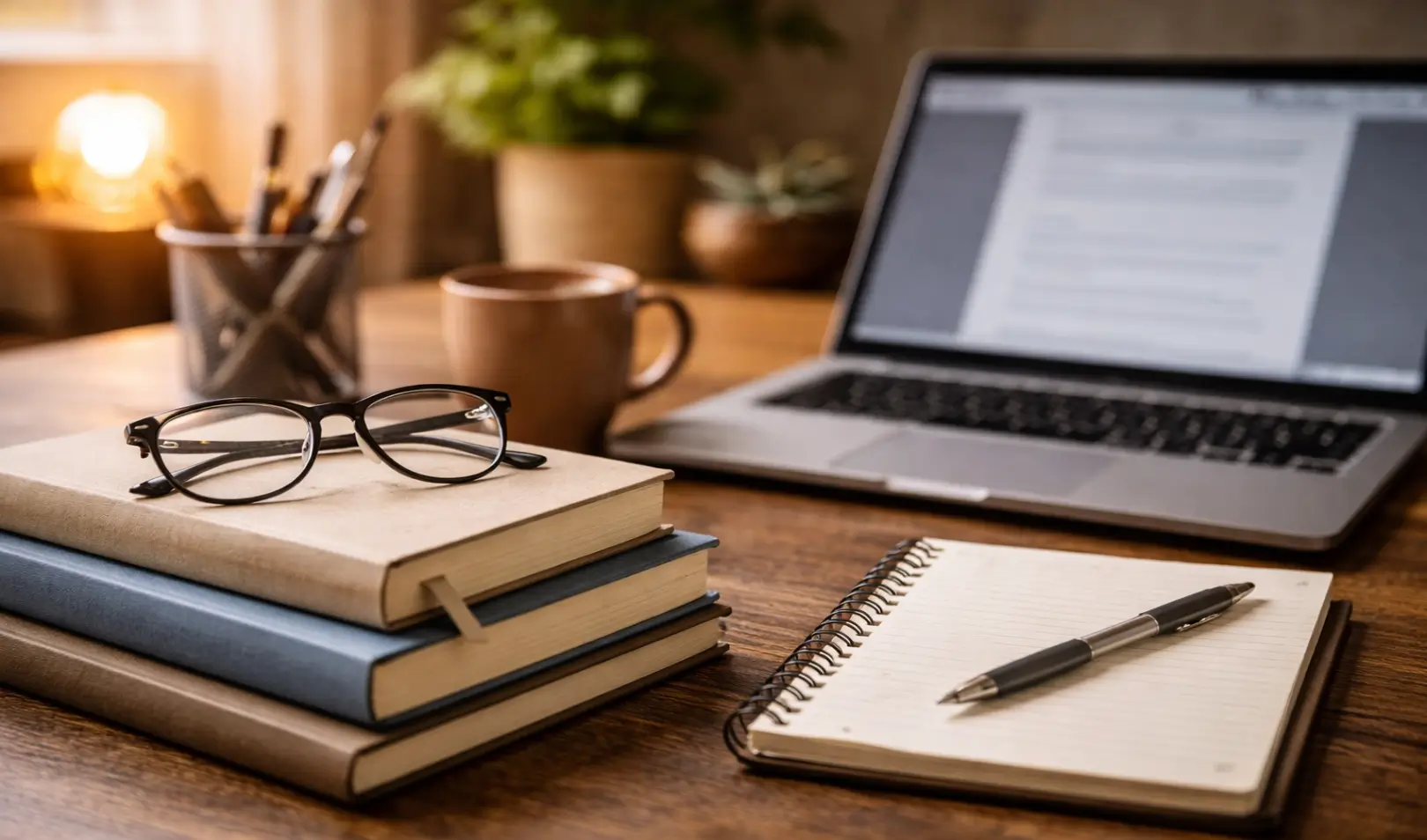 Knjige, prijenosno računalo i bilježnica na radnom stolu