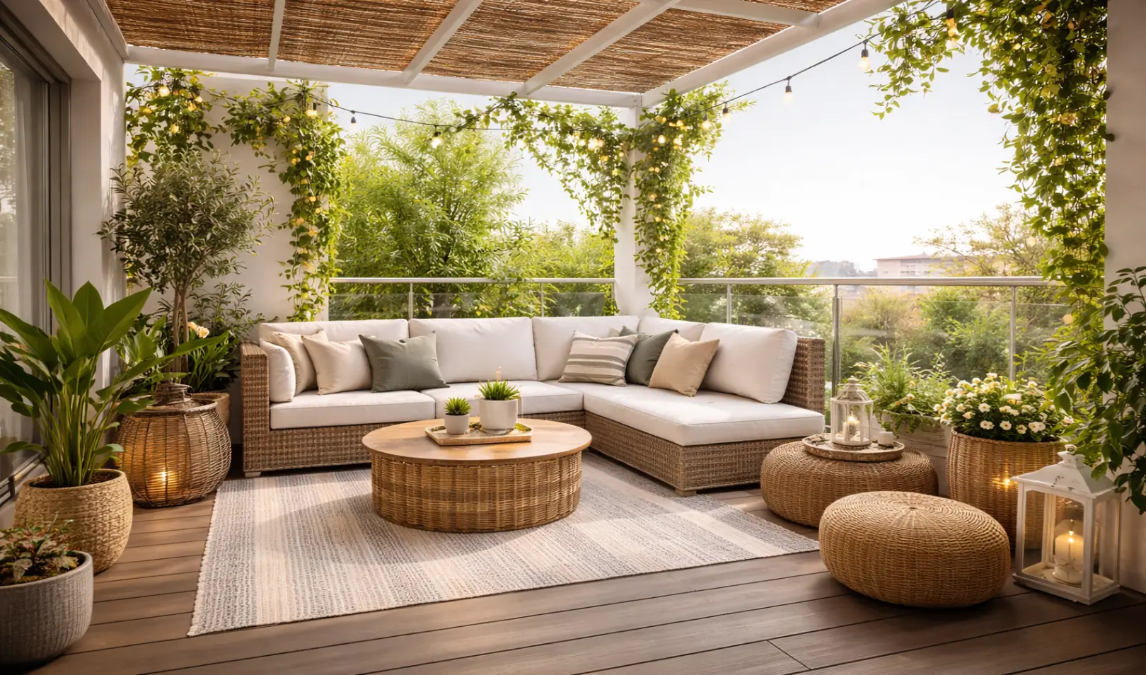 Renovirani balkon s kutnom garniturom od ratana, drvenim stolićem, tepihom, lampicama i mnogo ukrasnog bilja u toplom dnevnom svjetlu.