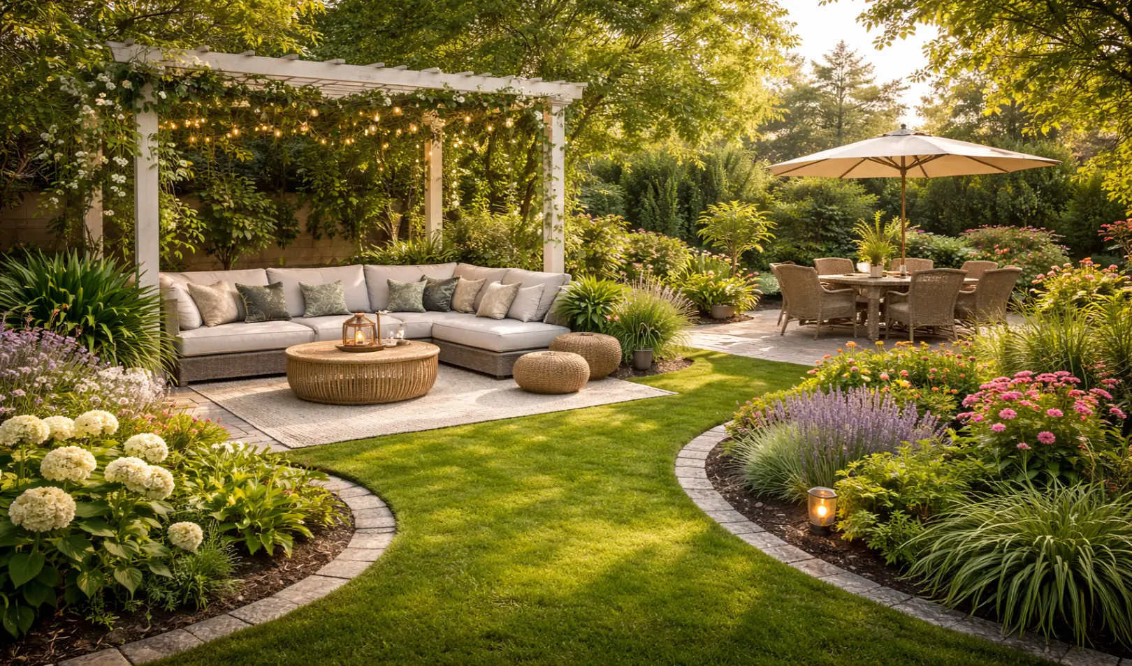 Lijepo uređen vrt s pergolom, vanjskom sjedećom garniturom, cvjetnim gredicama, urednim travnjakom i popločenom stazom u kasno popodnevnom svjetlu.