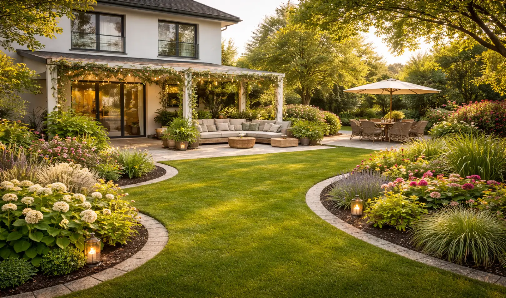 Renovirana okućnica uz modernu kuću s njegovanom travom, cvjetnim gredicama, pergolom, vrtnom garniturom i vanjskim blagovaonskim prostorom.