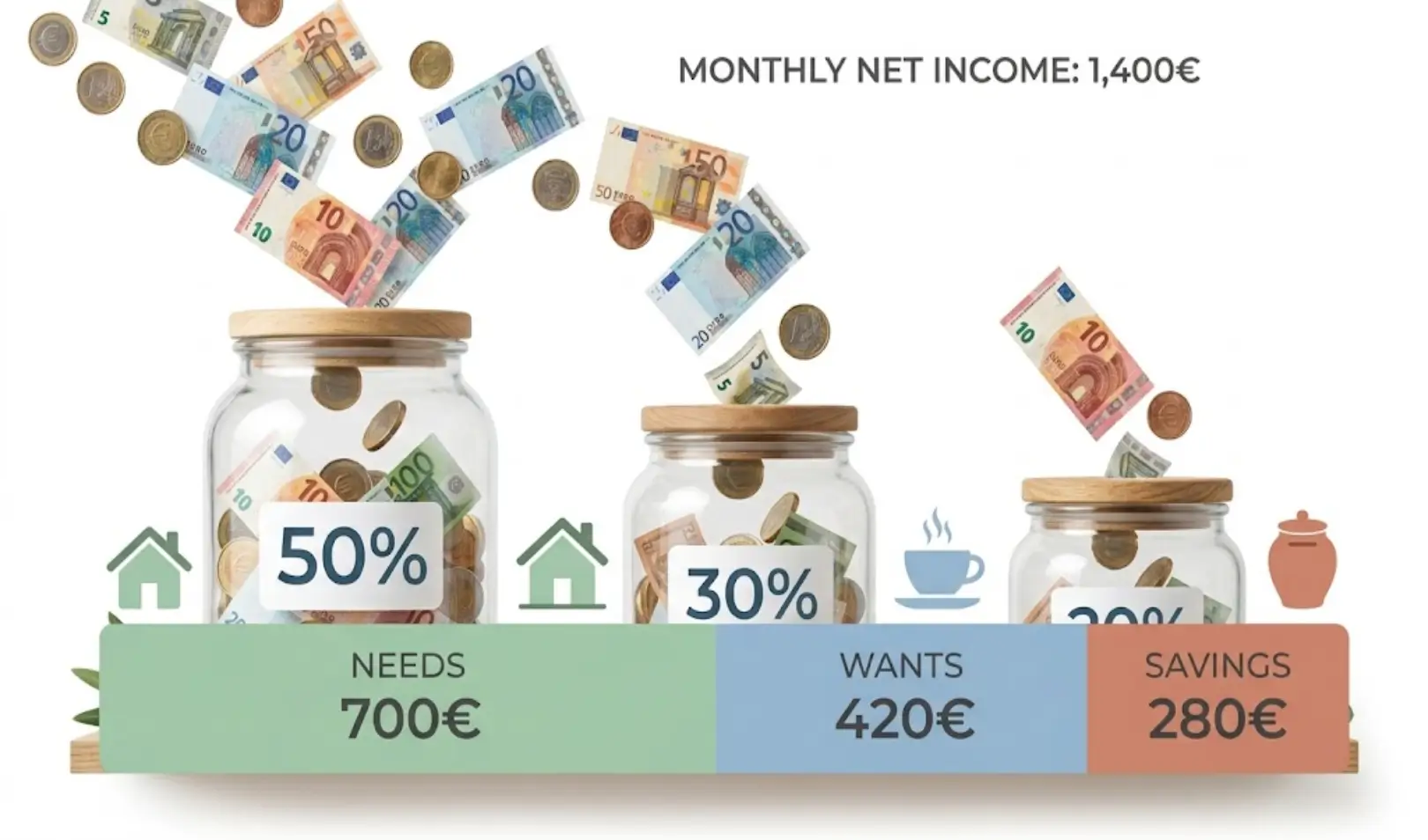 Staklenke s prekrivenom trakom infografike s natpisom 'MONTHLY NET INCOME: 1,400€'. Traka prikazuje raspodjelu proračuna: potrebe od 700€ (50%), želje od 420€ (30%) i štednju od 280€ (20%) s pripadajućim ikonama kuće, šalice i staklenke.
